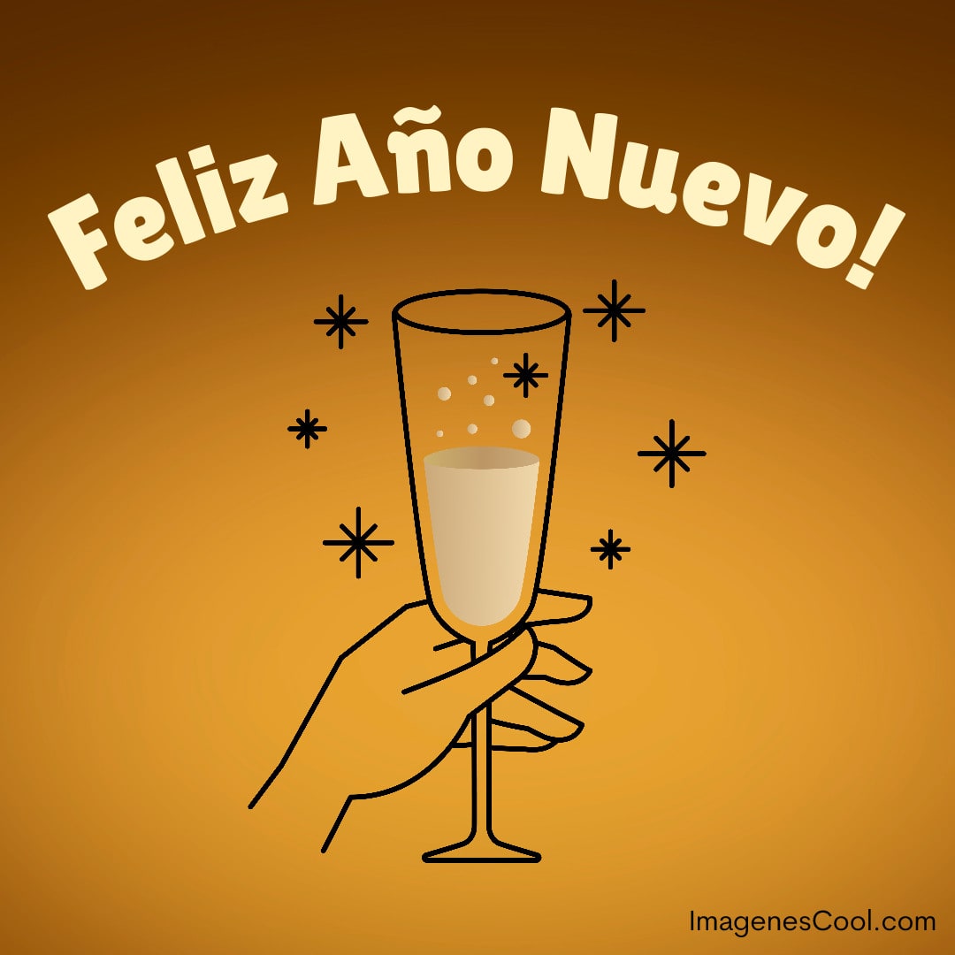 Una mano sostiene una copa de champán con el texto 'Feliz Año Nuevo' y estrellas alrededor