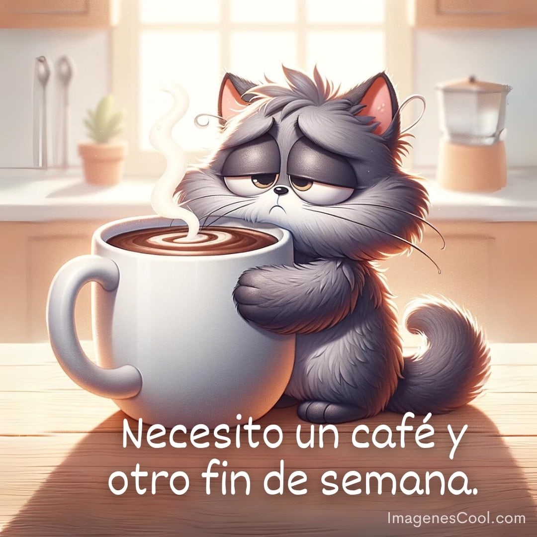 Un gato cansado abraza una taza de café gigante y dice: Necesito un café y otro fin de semana