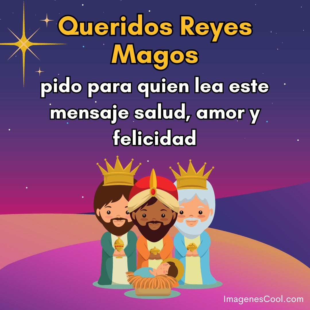 Ilustración de los Reyes Magos y un mensaje de buenos deseos con estrellas en el fondo