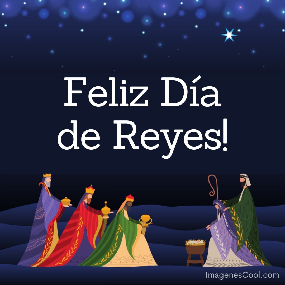 Feliz Día de Reyes con tres reyes magos y decoración festiva