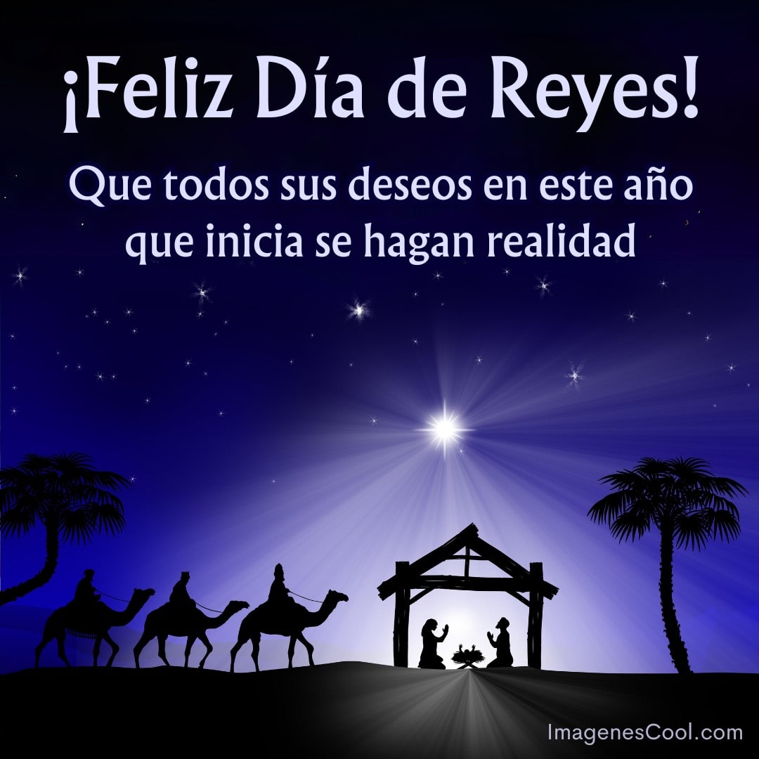 Felicitación de Día de Reyes con siluetas de los tres magos y un pesebre bajo una estrella brillante