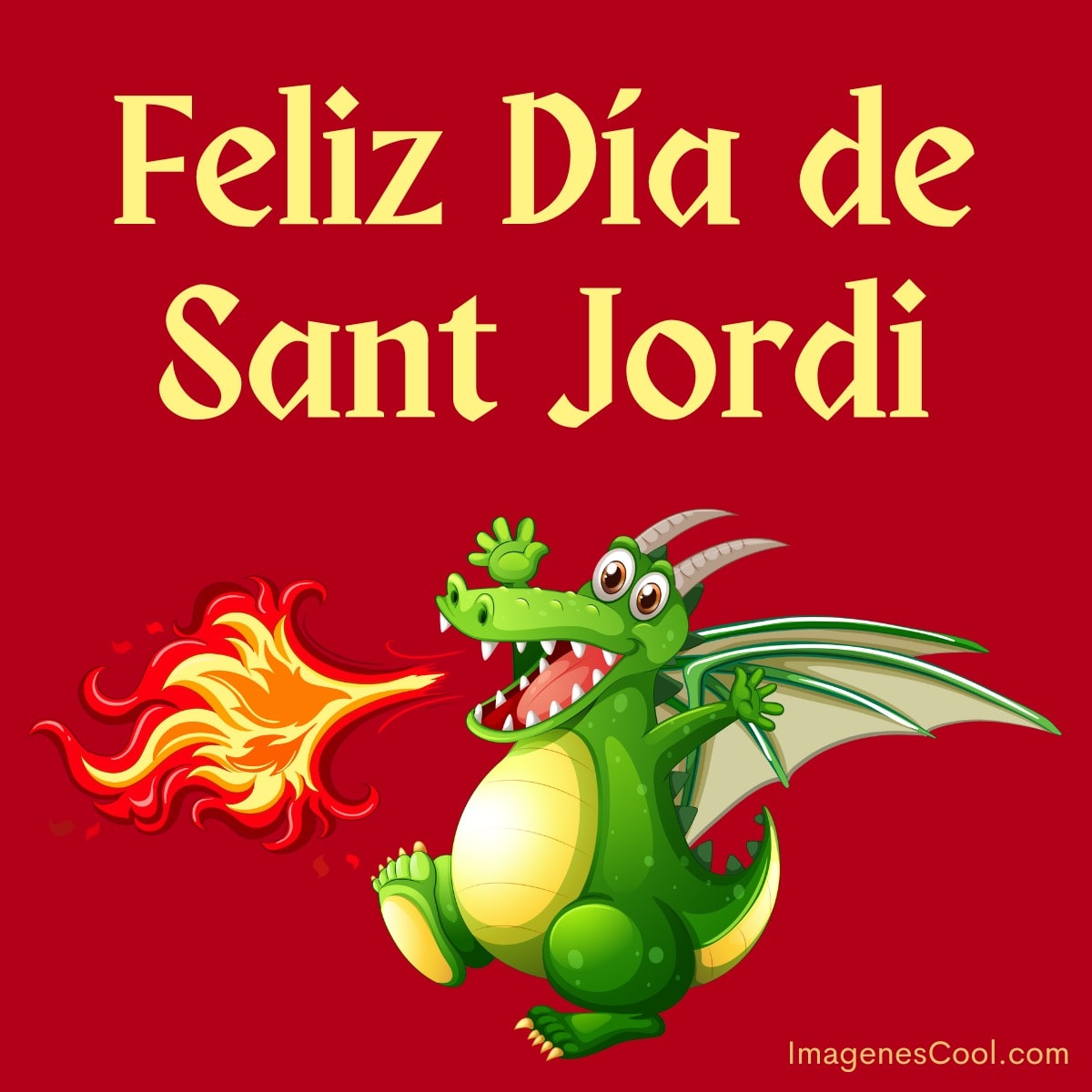 feliz día de sant jordi con un dragón verde sonriente escupiendo fuego