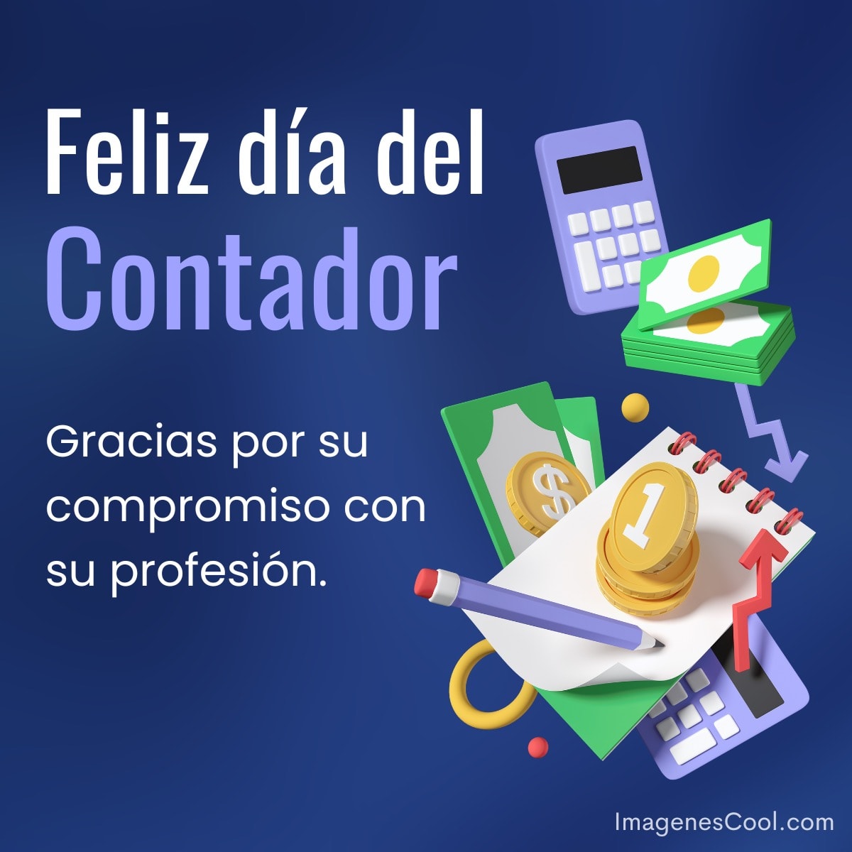 Felicitación por el Día del Contador con elementos de finanzas y agradecimiento