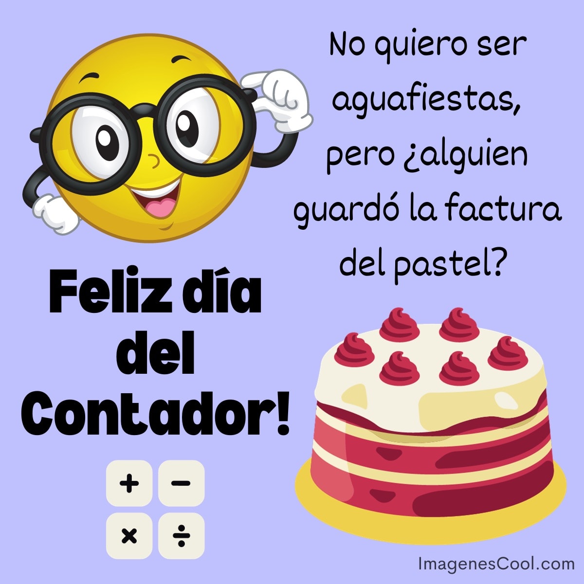 Emoticono con gafas celebra el Día del Contador junto a un pastel y símbolos de calculadora