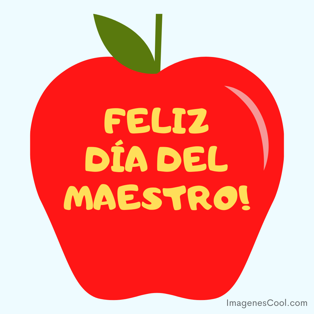 Manzana roja con texto 'Feliz día del maestro' en amarillo