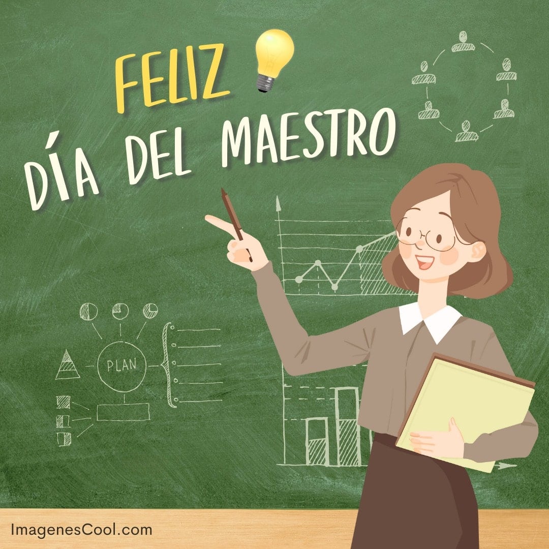 Una ilustración de una maestra sonriente con un libro y pizarra que dice 'Feliz Día del Maestro'