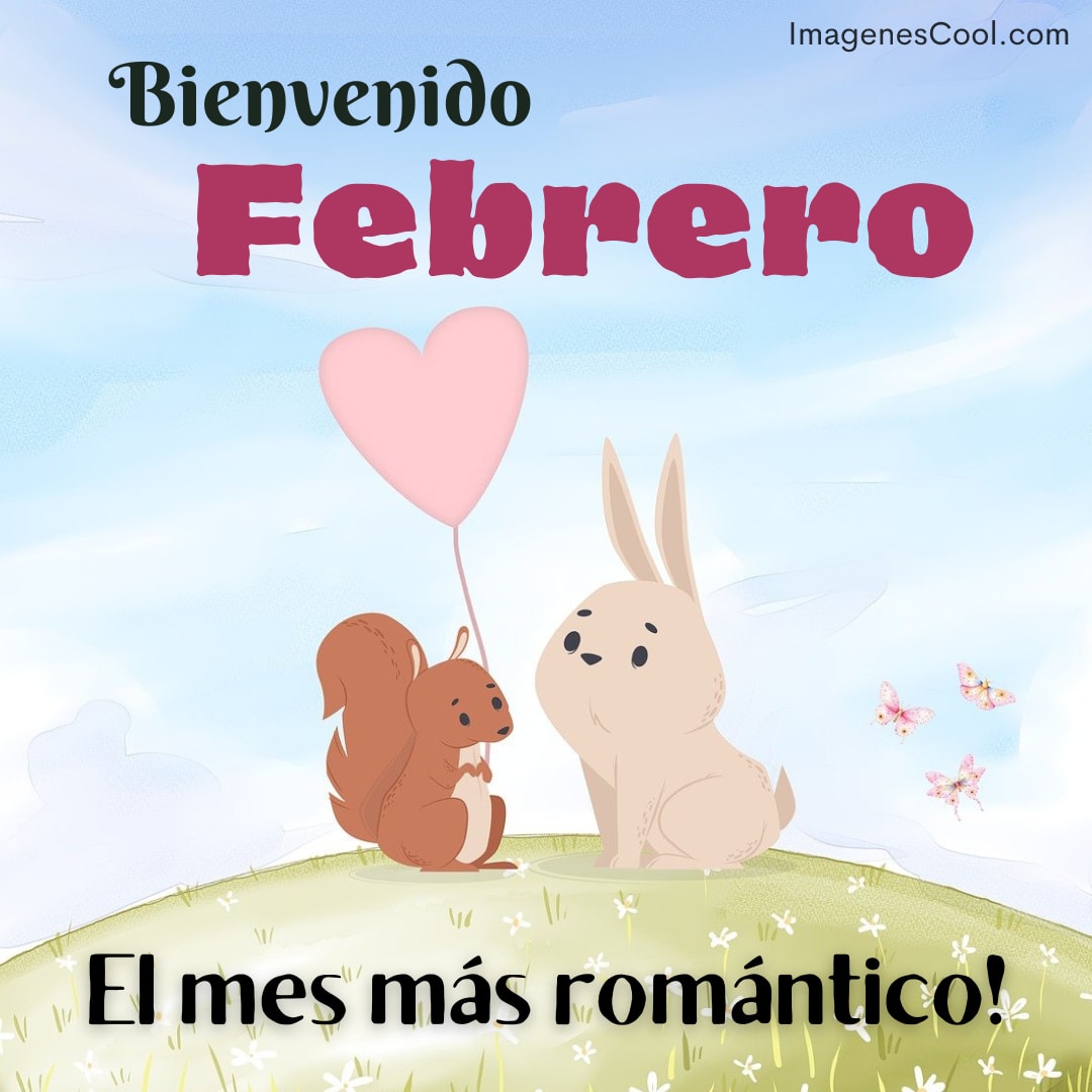 Bienvenido Febrero, un conejo y ardilla celebran el mes del amor con un globo en forma de corazón