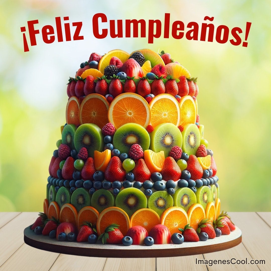 Un pastel de cumpleaños colorido decorado con mucha fruta fresca y el mensaje ¡Feliz Cumpleaños! arriba
