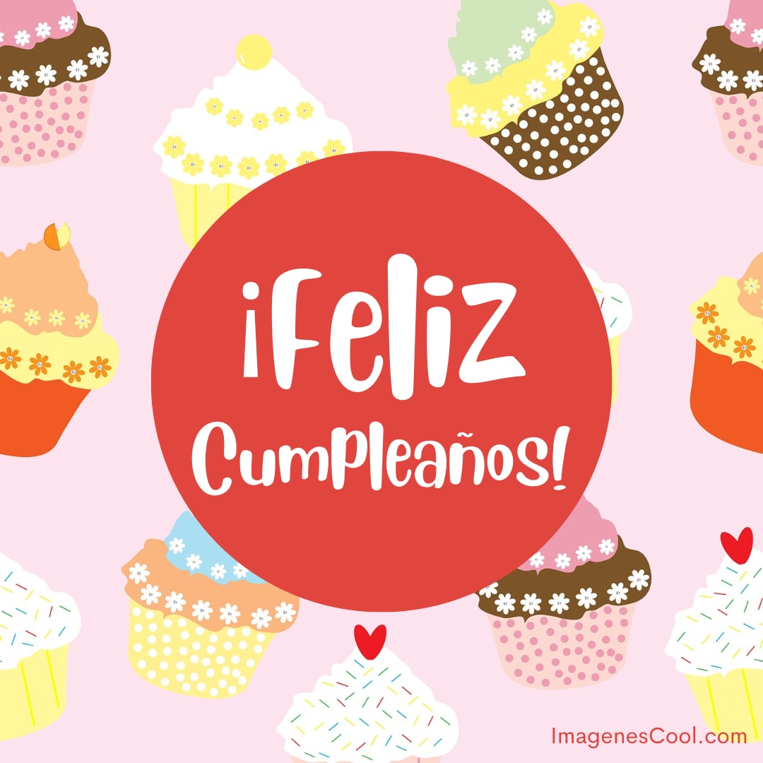 Tarjeta con cupcakes y texto ¡Feliz Cumpleaños! en círculo rojo central