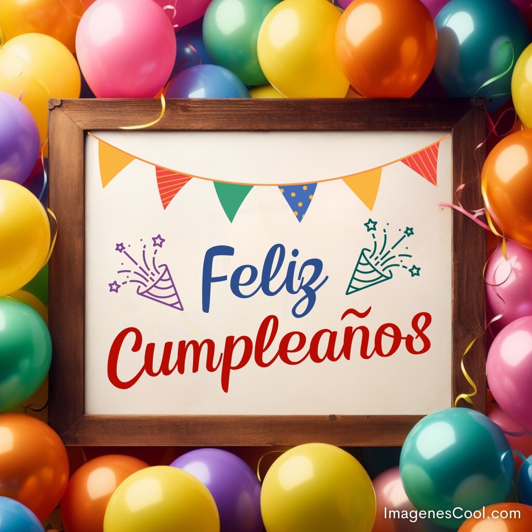 Un cartel de Feliz Cumpleaños rodeado de globos coloridos y guirnaldas