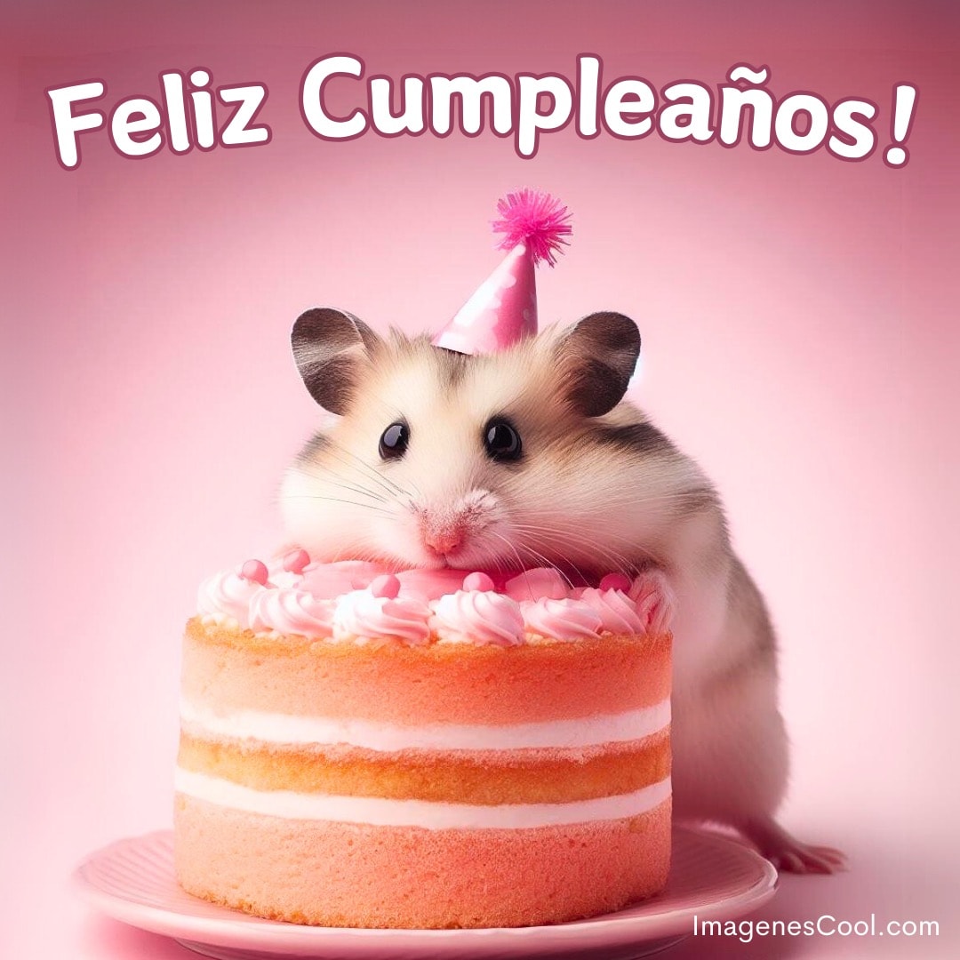 Un hámster con gorro de fiesta sobre un pastel rosa con el texto Feliz Cumpleaños