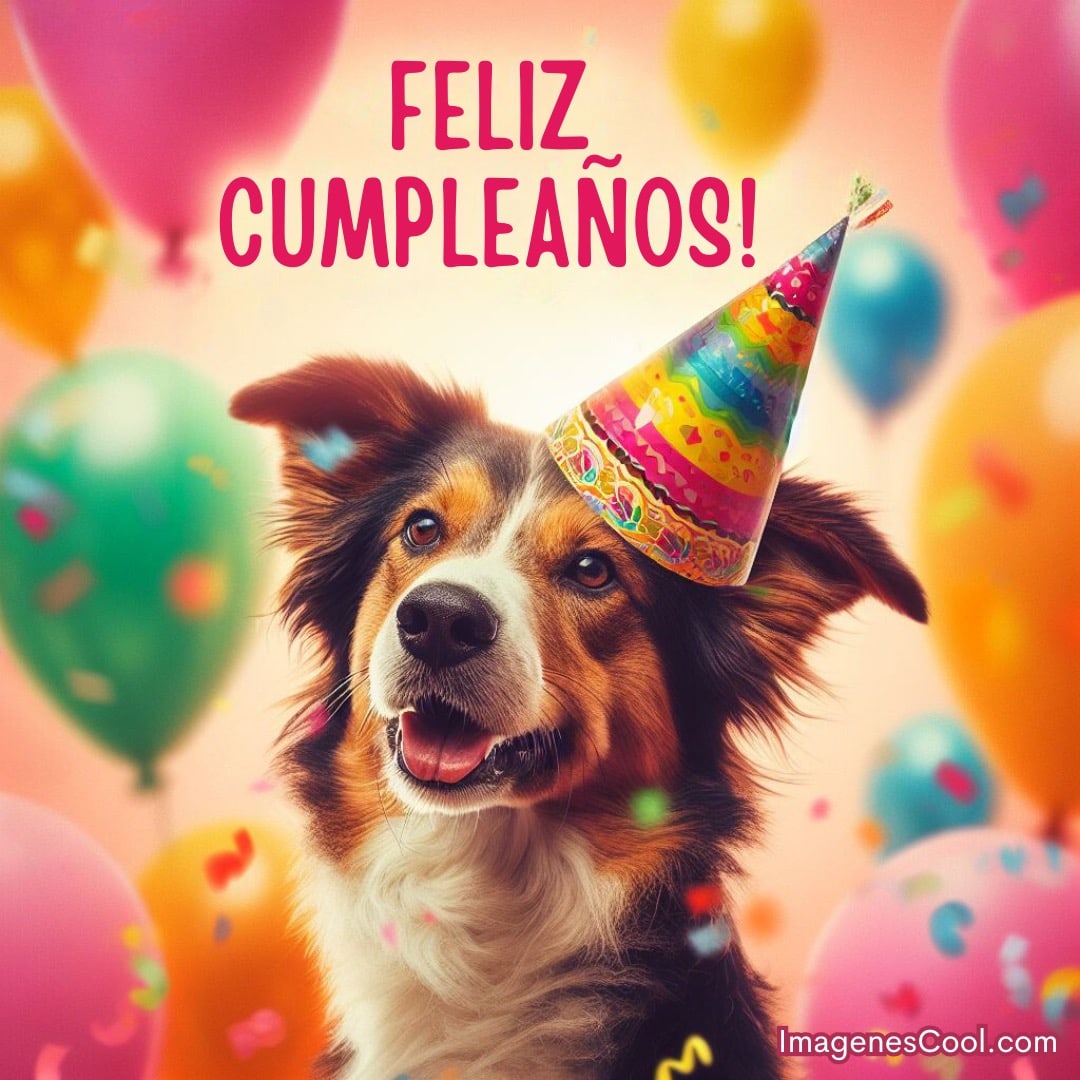 Un perro con gorro de fiesta y globos celebra, con la frase Feliz Cumpleaños!