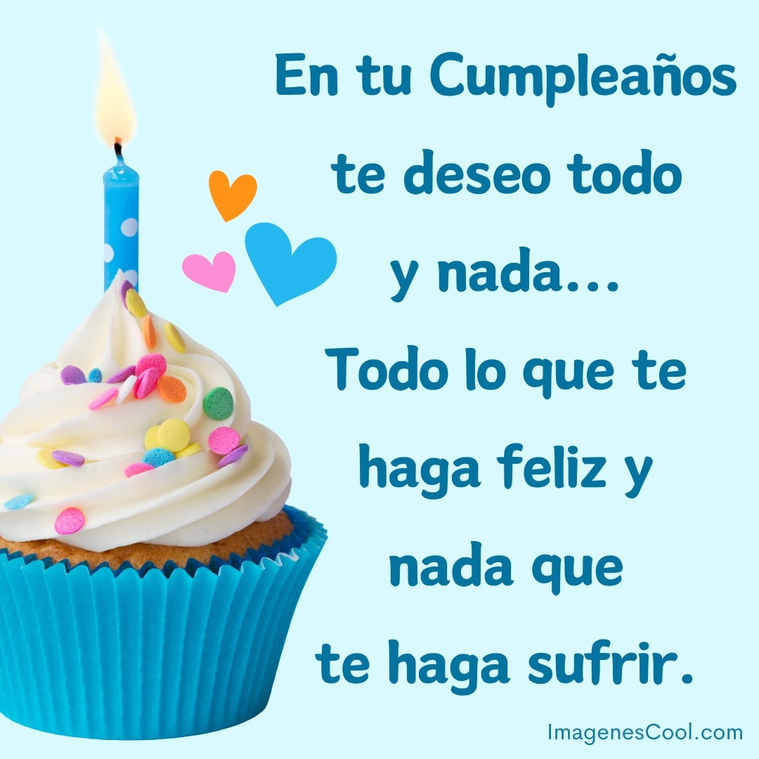 Cupcake con vela encendida y un mensaje de cumpleaños deseando felicidad y evitando el sufrimiento