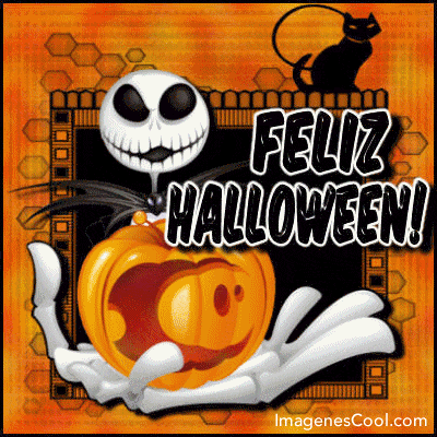 Calabaza tallada, gato negro y un esqueleto con el mensaje 'Feliz Halloween' en un fondo naranja y negro