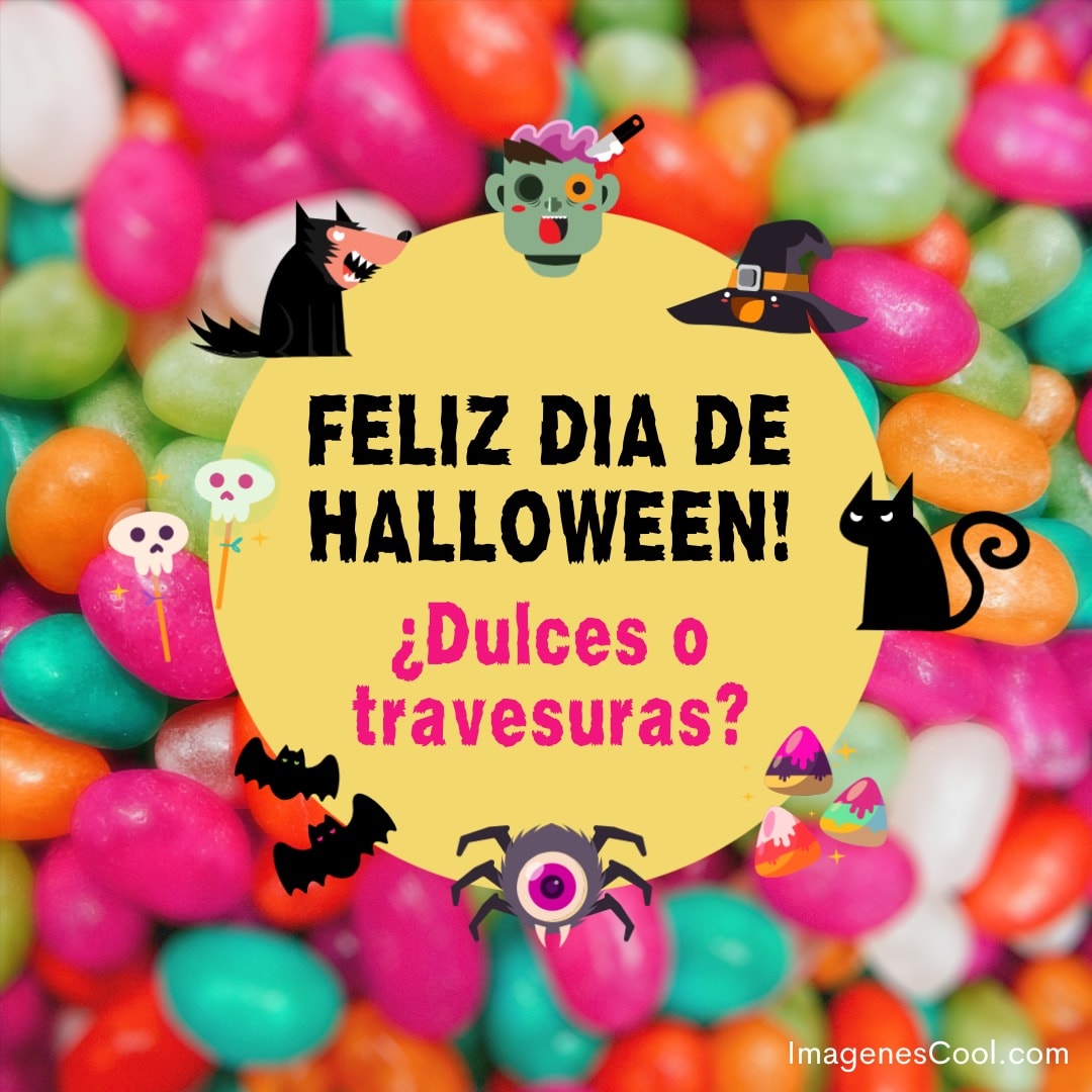 fondo de caramelos coloridos con saludo de halloween y dibujos de monstruo, gato, bruja y fantasmas