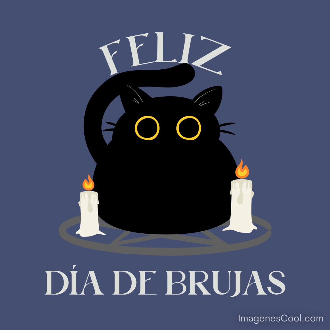 Un gato negro con ojos amarillos y velas encendidas celebra el Día de Brujas