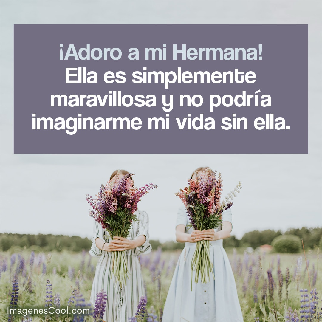 Dos mujeres con ramos de flores y un mensaje de cariño hacia una hermana