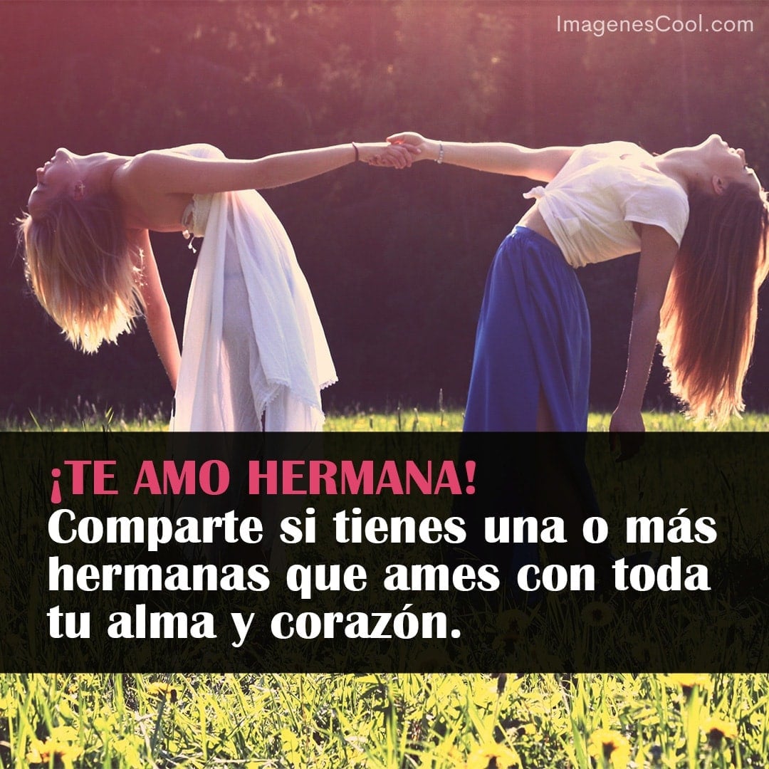 Dos mujeres se toman de la mano, inclinadas hacia atrás en un campo verde con el texto ¡TE AMO HERMANA! arriba