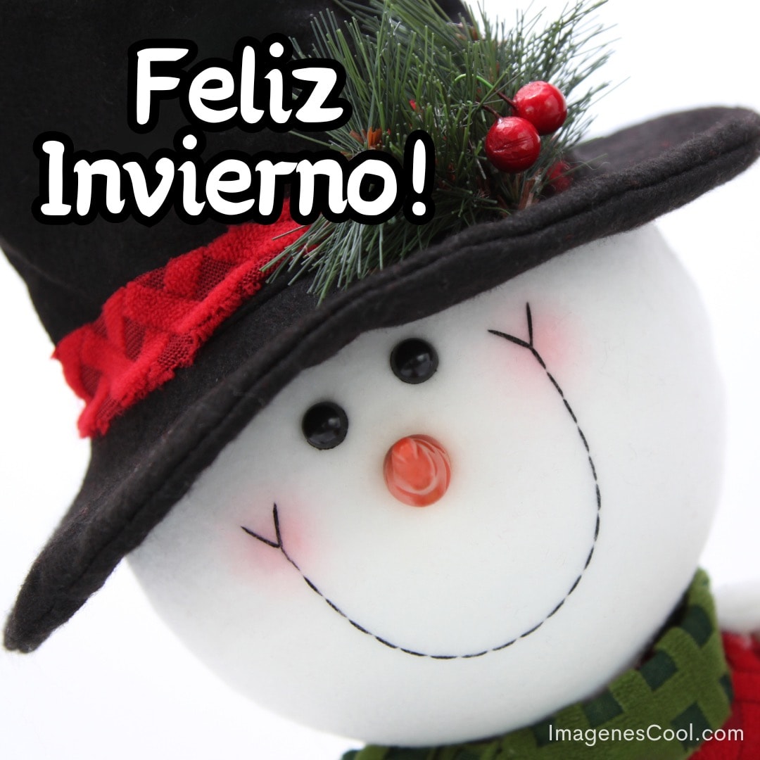 Muñeco de nieve con sombrero sonríe bajo el texto 'Feliz Invierno'