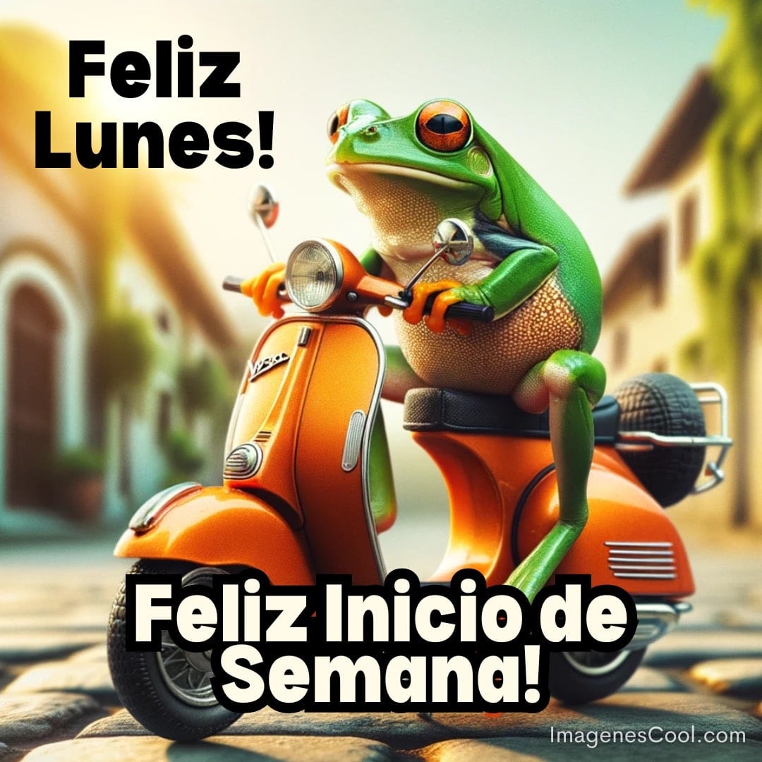 Una rana en una motoneta naranja con mensajes de buen inicio de semana