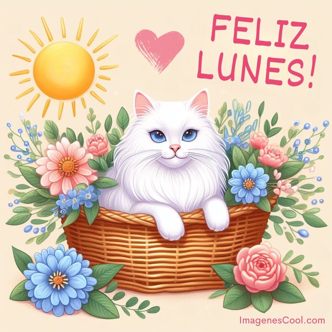 Un gato blanco dentro de una canasta, rodeado de flores con un sol brillante y el saludo 'Feliz Lunes!' arriba