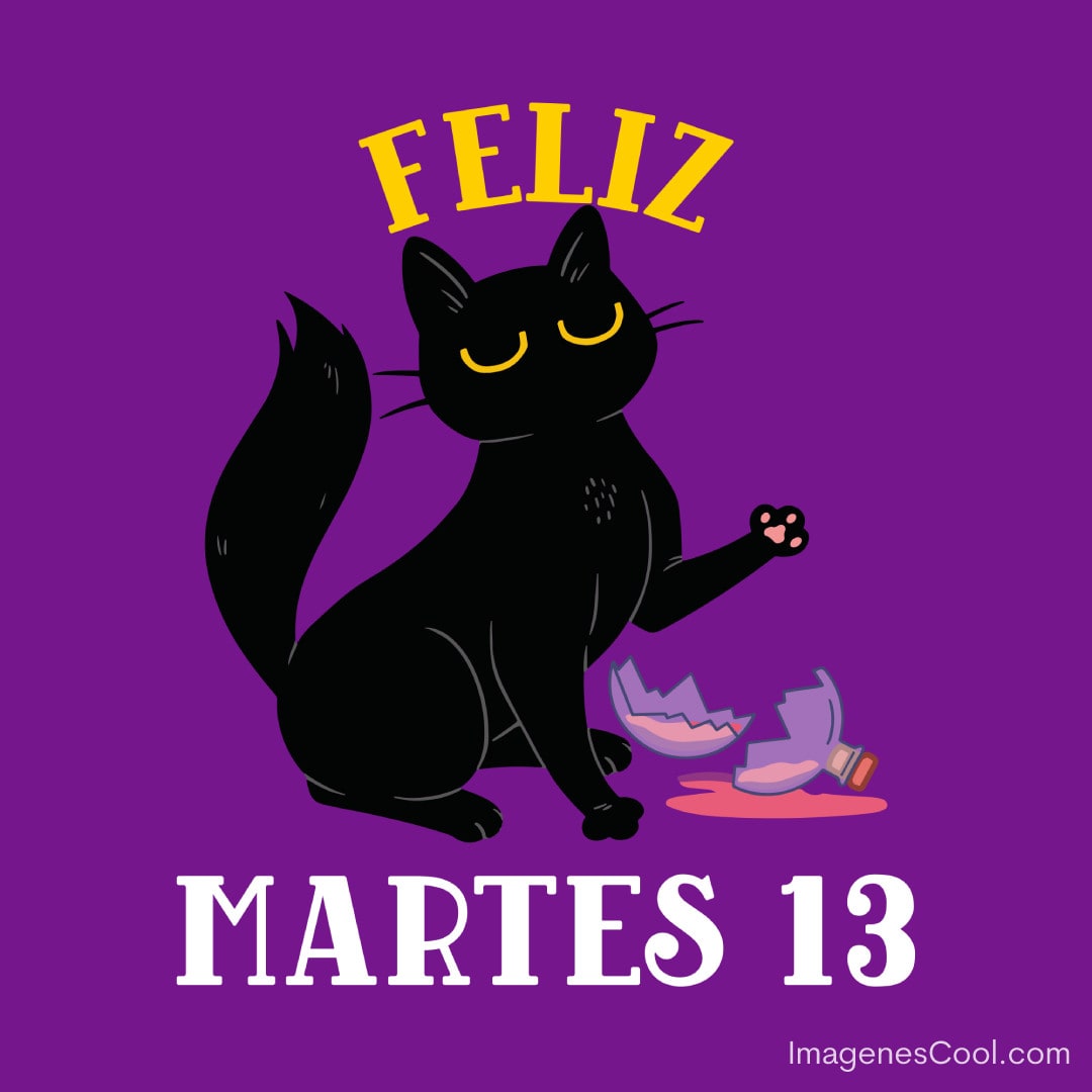 Gato negro con letras 'FELIZ MARTES 13' en fondo morado