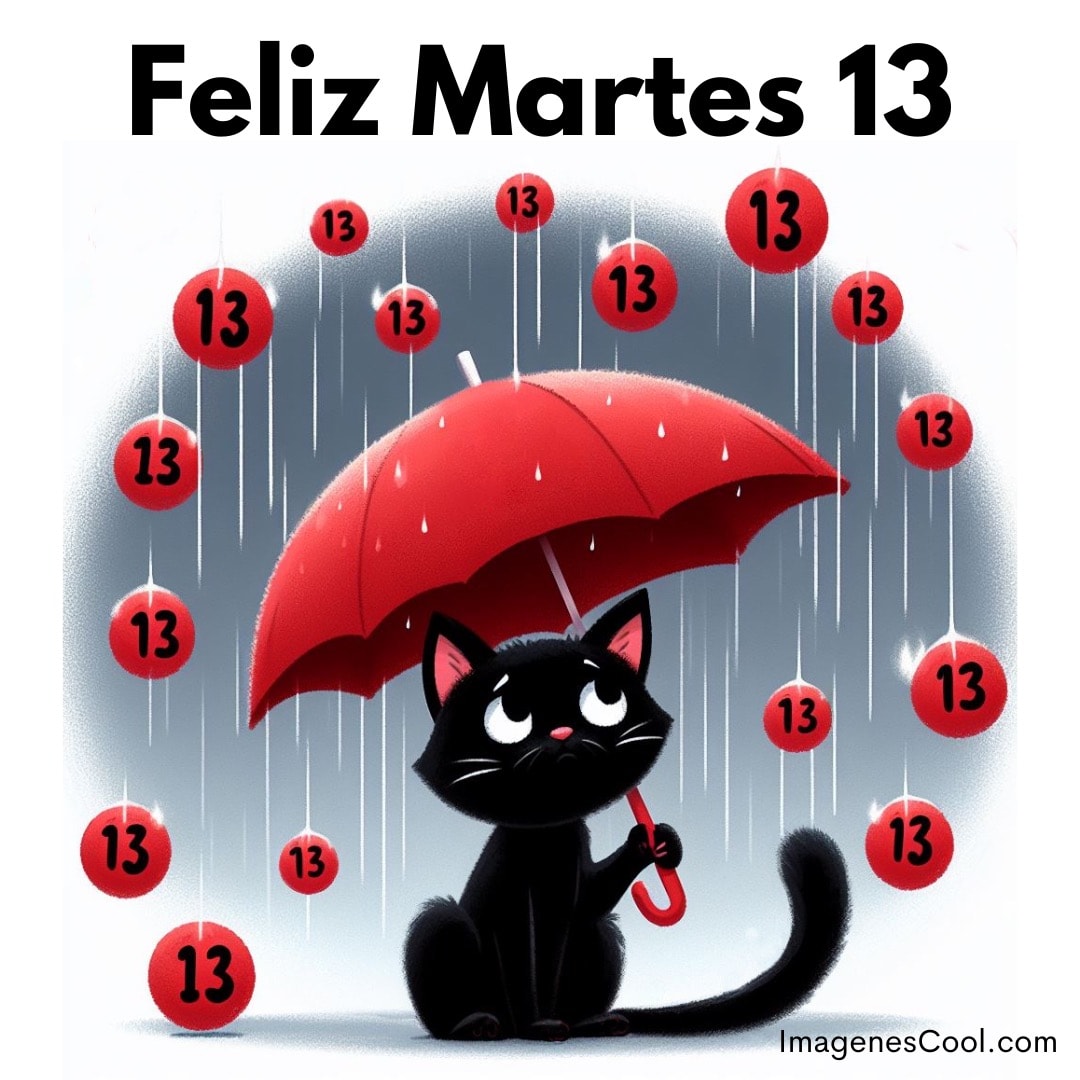 Un gato negro bajo un paraguas rojo con gotas y números 13. Texto: Feliz Martes 13