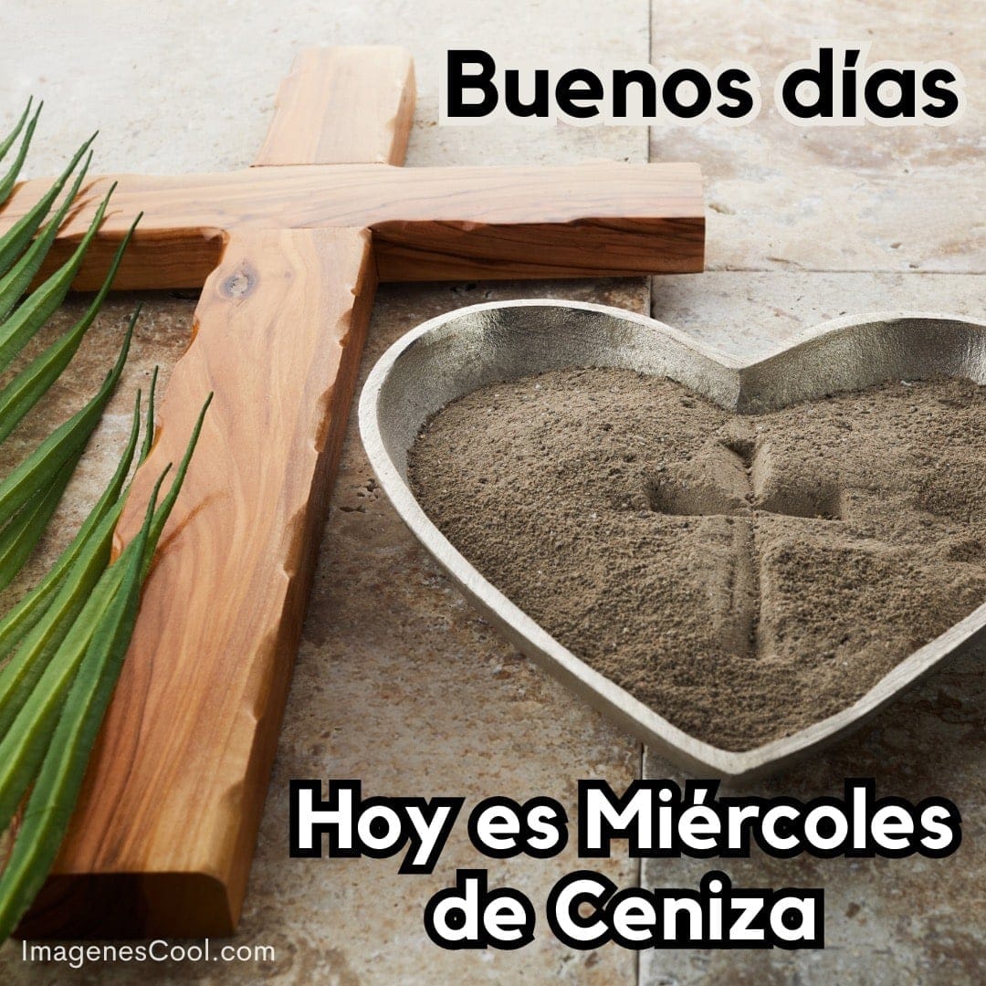 Una cruz de madera, hojas verdes y ceniza en forma de corazón con texto que conmemora el Miércoles de Ceniza