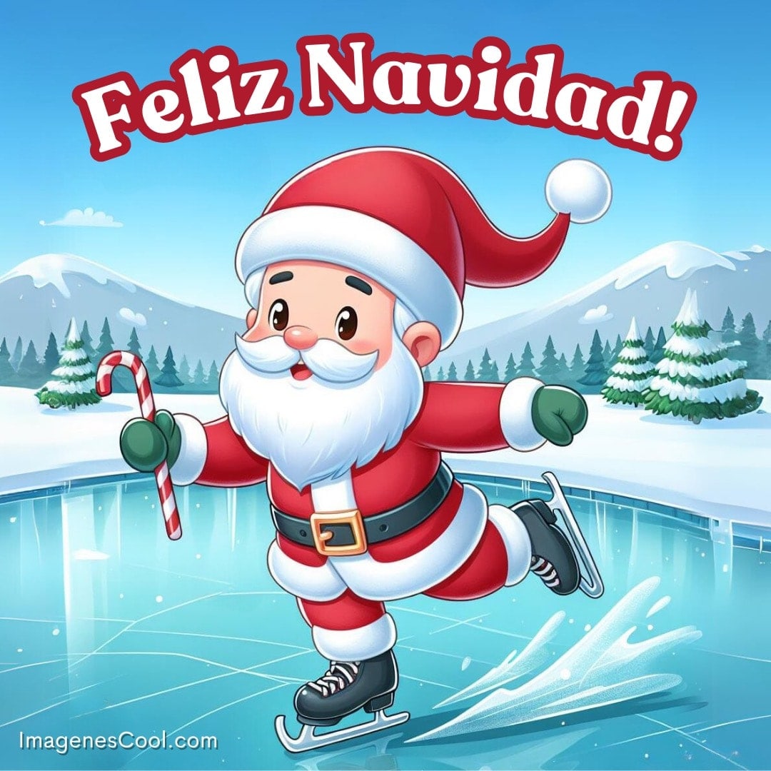 Papá Noel patina sobre hielo con un bastón de caramelo, rodeado de nieve y árboles, con un Feliz Navidad en la parte superior