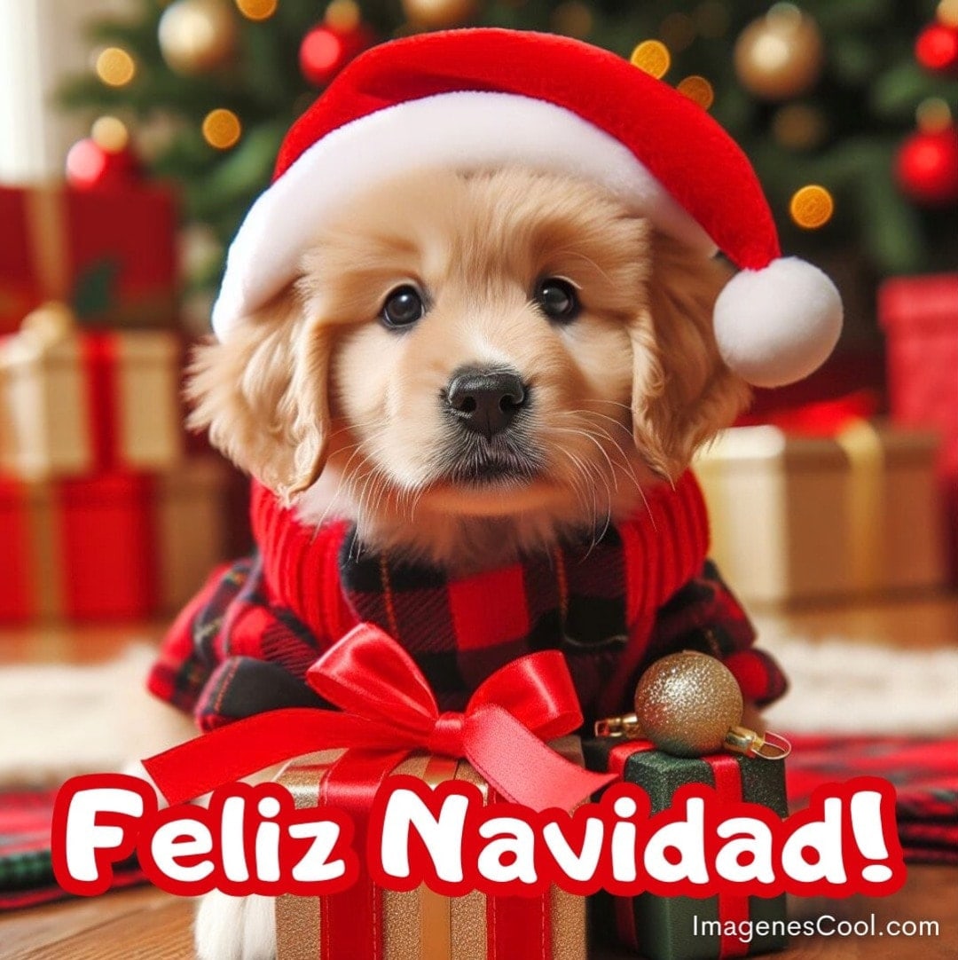 Un cachorro adorable con gorro de Santa y bufanda, junto a regalos y un árbol de Navidad