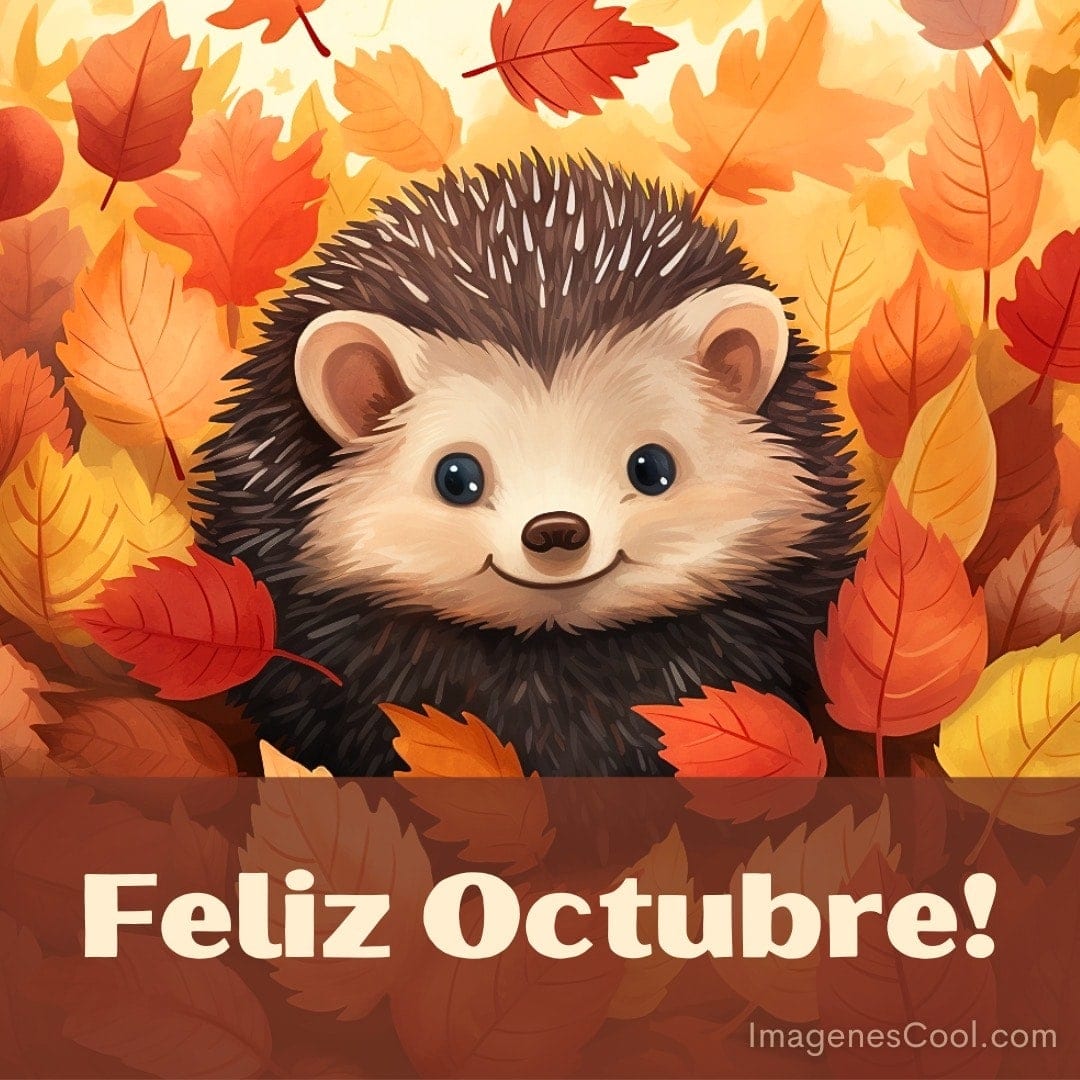 un erizo sonriente entre hojas otoñales con el texto feliz octubre!