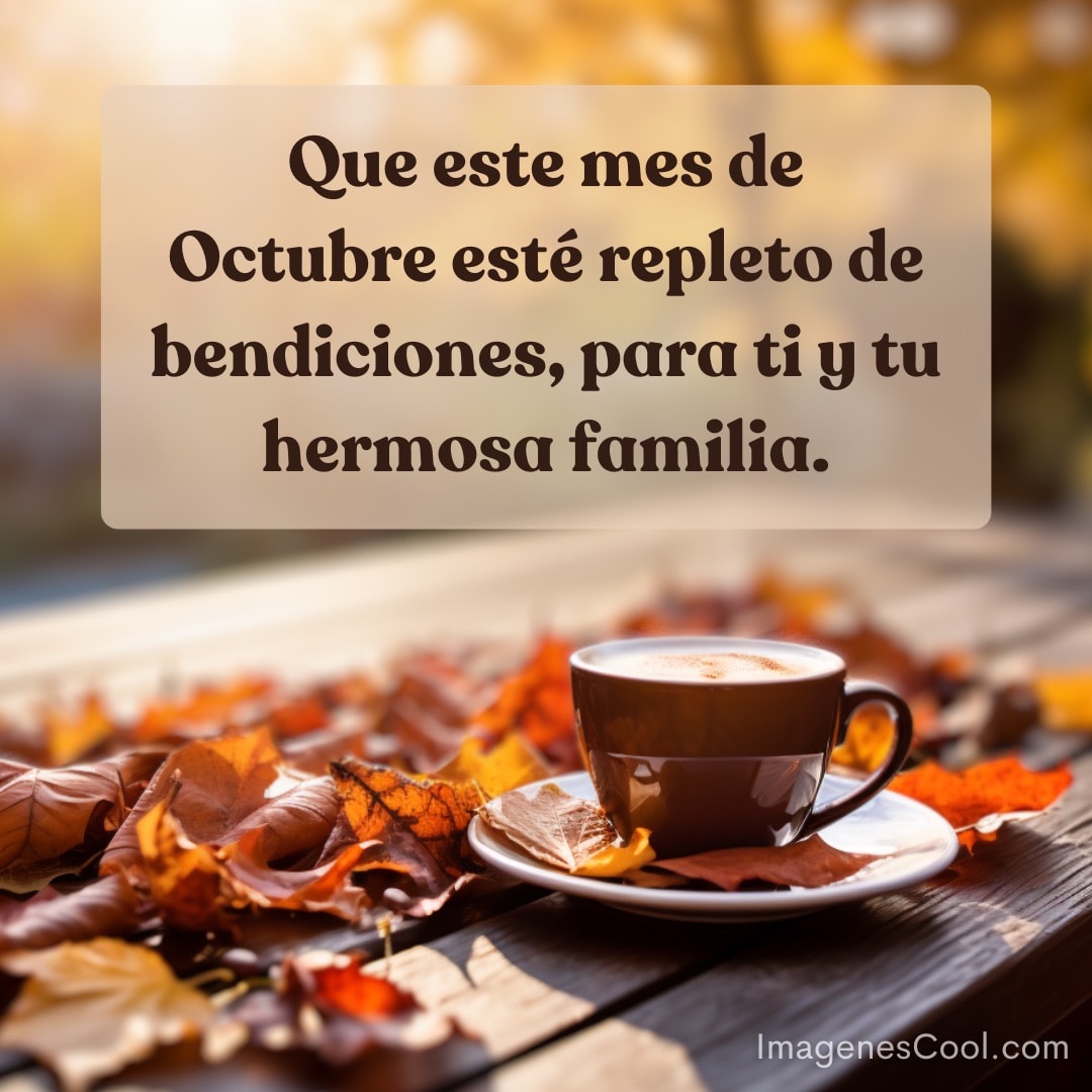 una taza de café y hojas de otoño sobre una mesa. mensaje de bendiciones para octubre y la familia