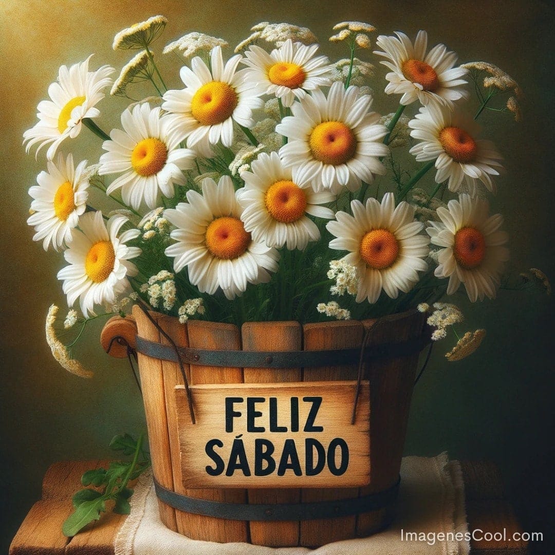cubo de madera que contiene un ramo de margaritas, con un cartel que dice: feliz sábado