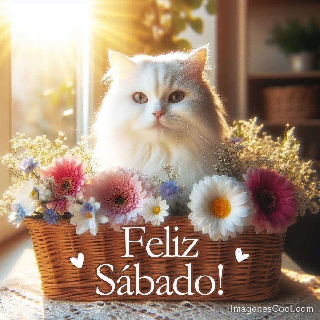 Un gato blanco en una canasta con flores y un mensaje: Feliz Sábado