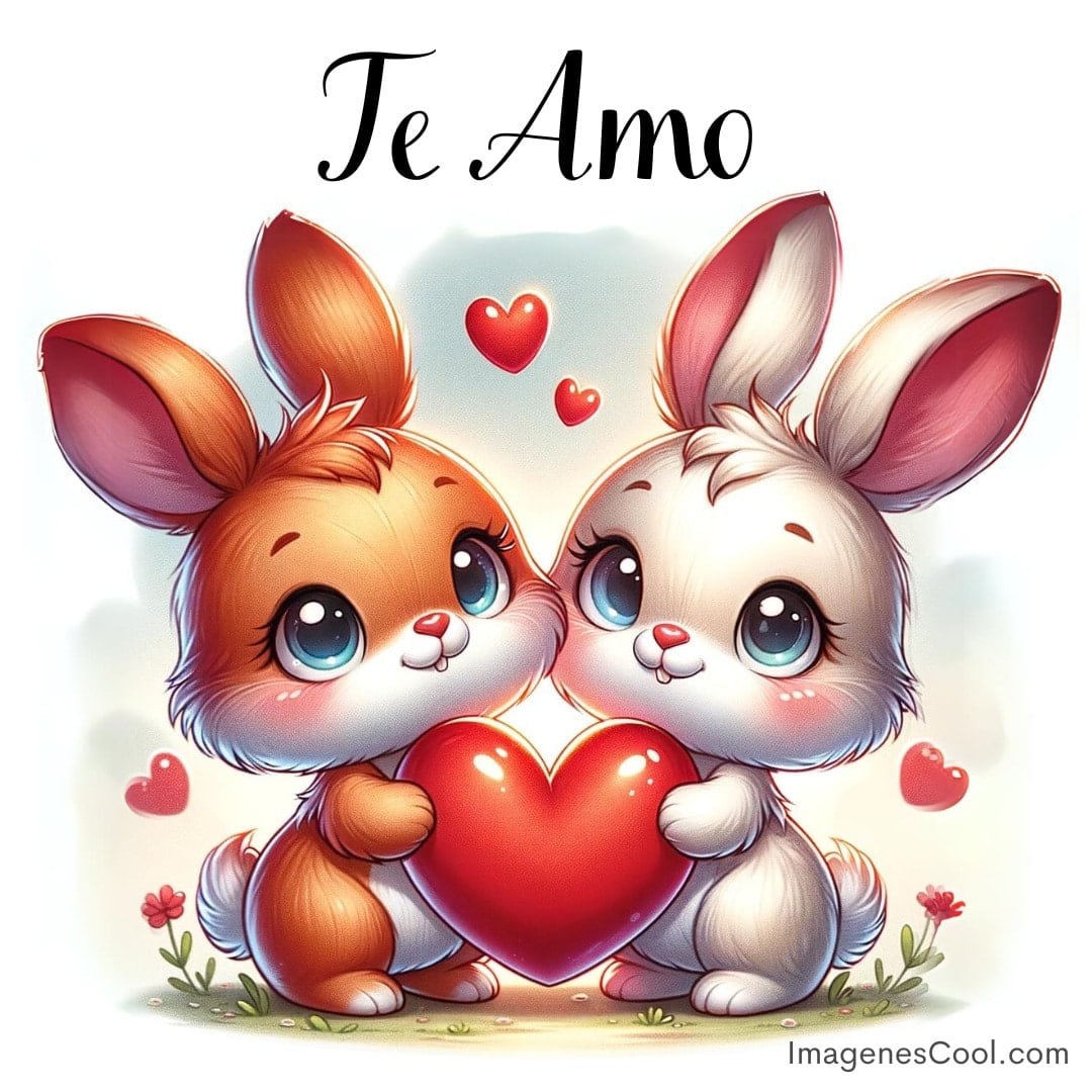 Dos conejitos caricaturescos sosteniendo un corazón con la frase Te Amo arriba