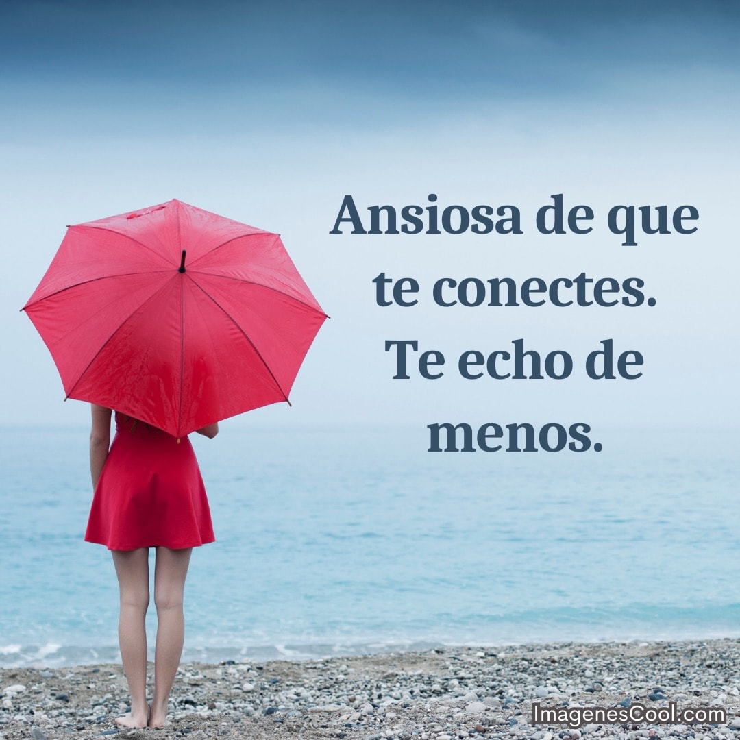 Persona con paraguas rojo frente al mar con texto sobre la espera y el recuerdo