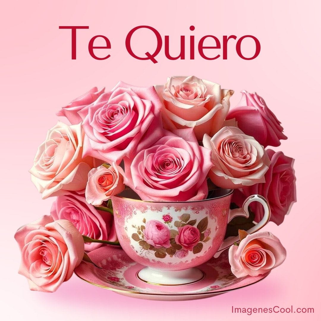 Rosas rosadas en una taza con el texto Te Quiero