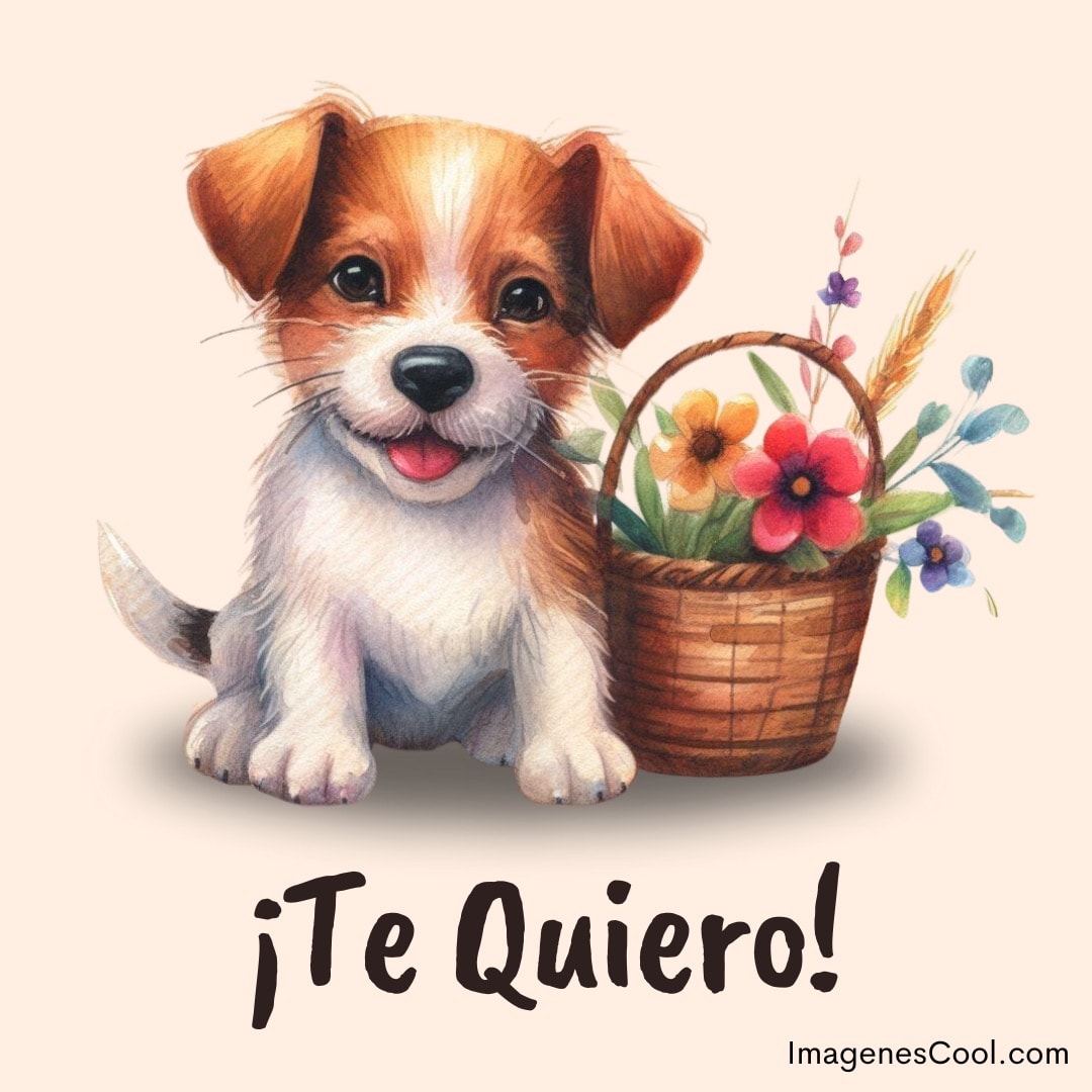 Un cachorro junto a una canasta de flores con el mensaje ¡Te Quiero!