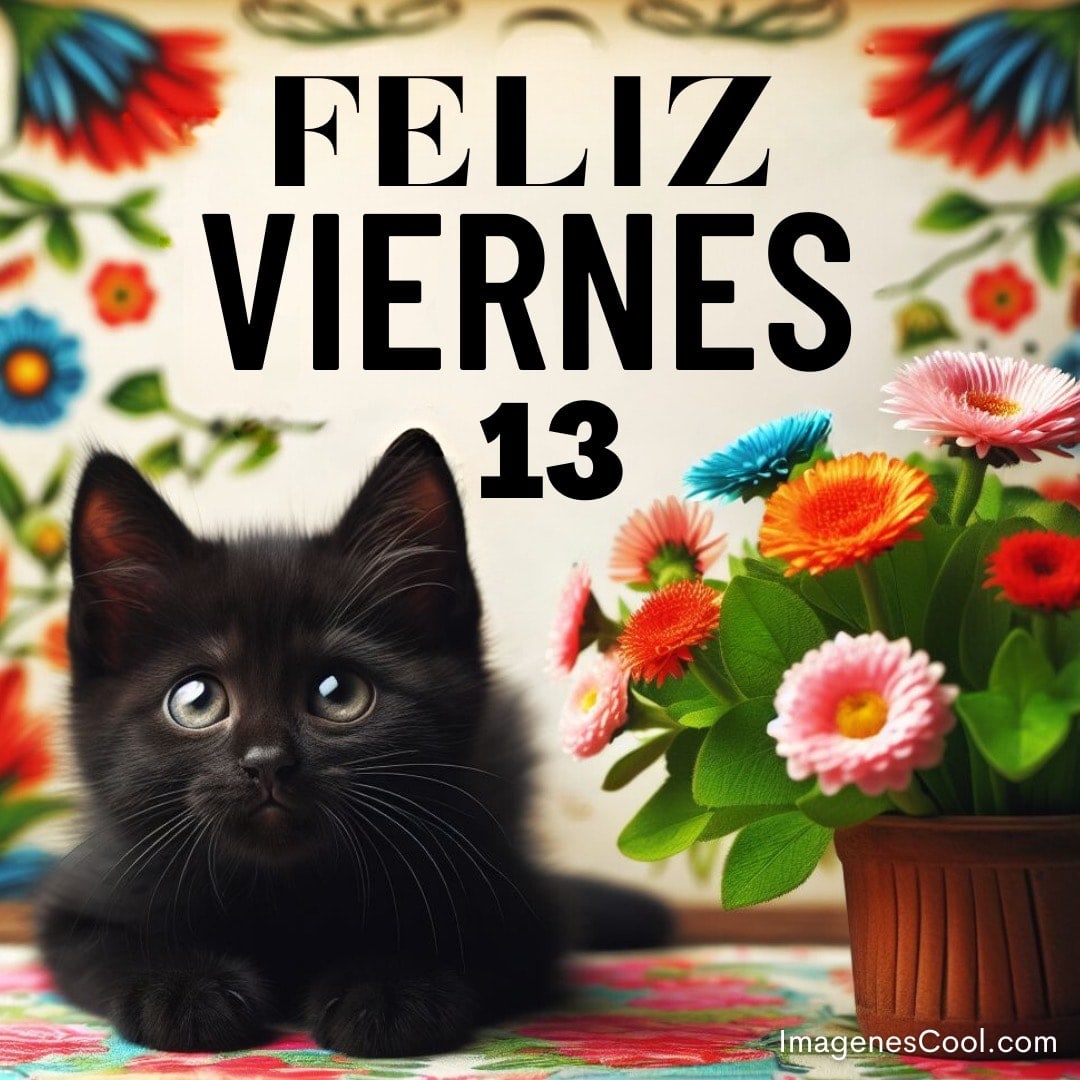 Un gatito negro con flores y un mensaje que dice 'Feliz Viernes 13'