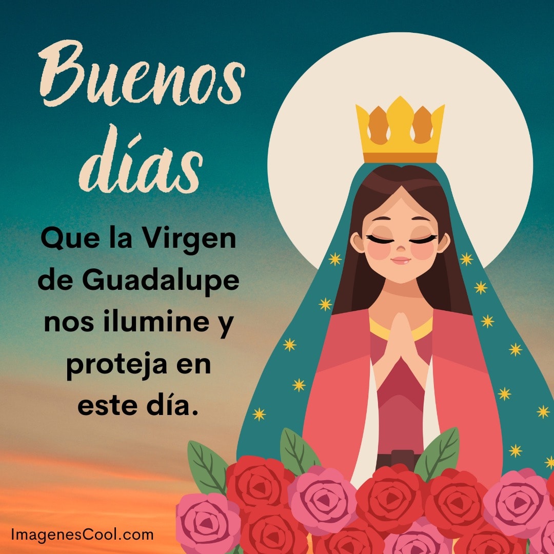 Ilustración de la Virgen de Guadalupe con rosas y un mensaje de buenos deseos